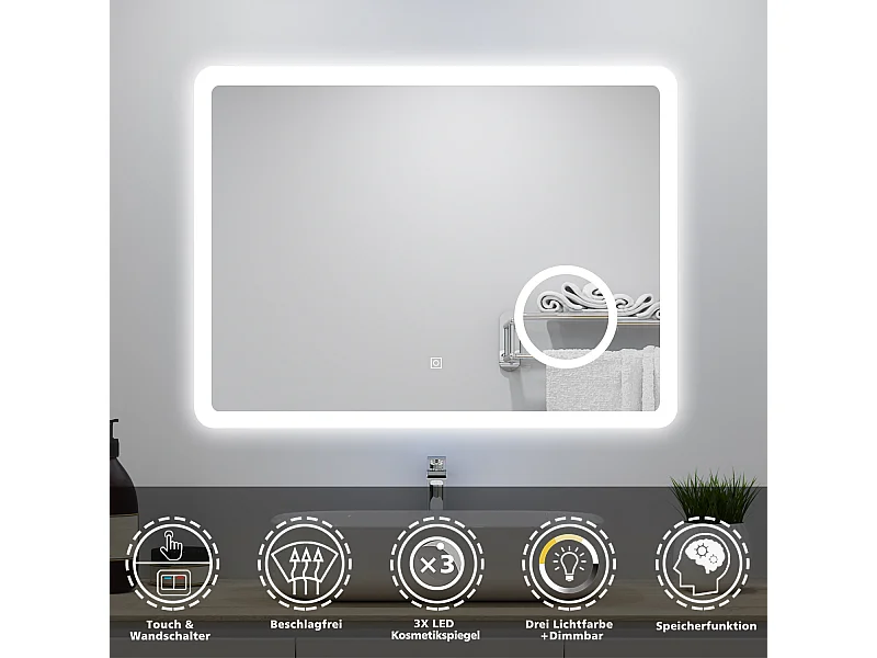 AICA Badspiegel mit LED-Beleuchtung 80x60cm Kosmetikspiegel Beschlagfrei 3 Lichtfarbe+Dimmbar Memory-Funktion