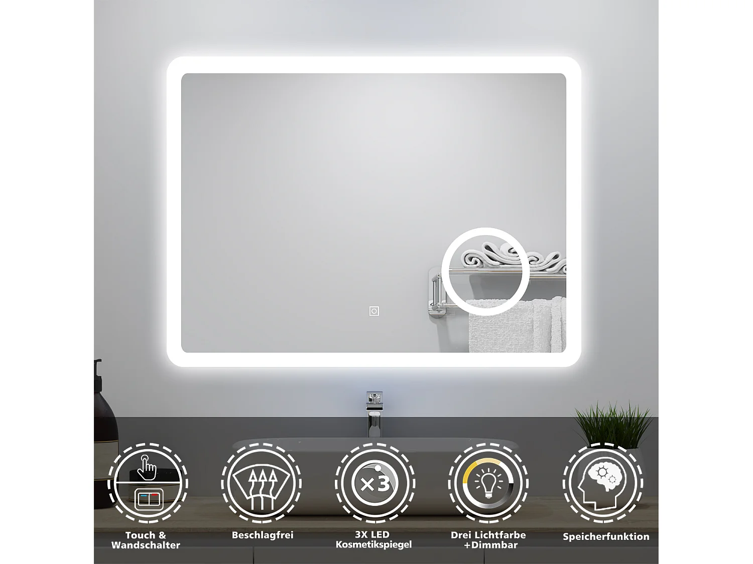 AICA Badspiegel mit LED-Beleuchtung 80x60cm Kosmetikspiegel Beschlagfrei 3 Lichtfarbe+Dimmbar Memory-Funktion