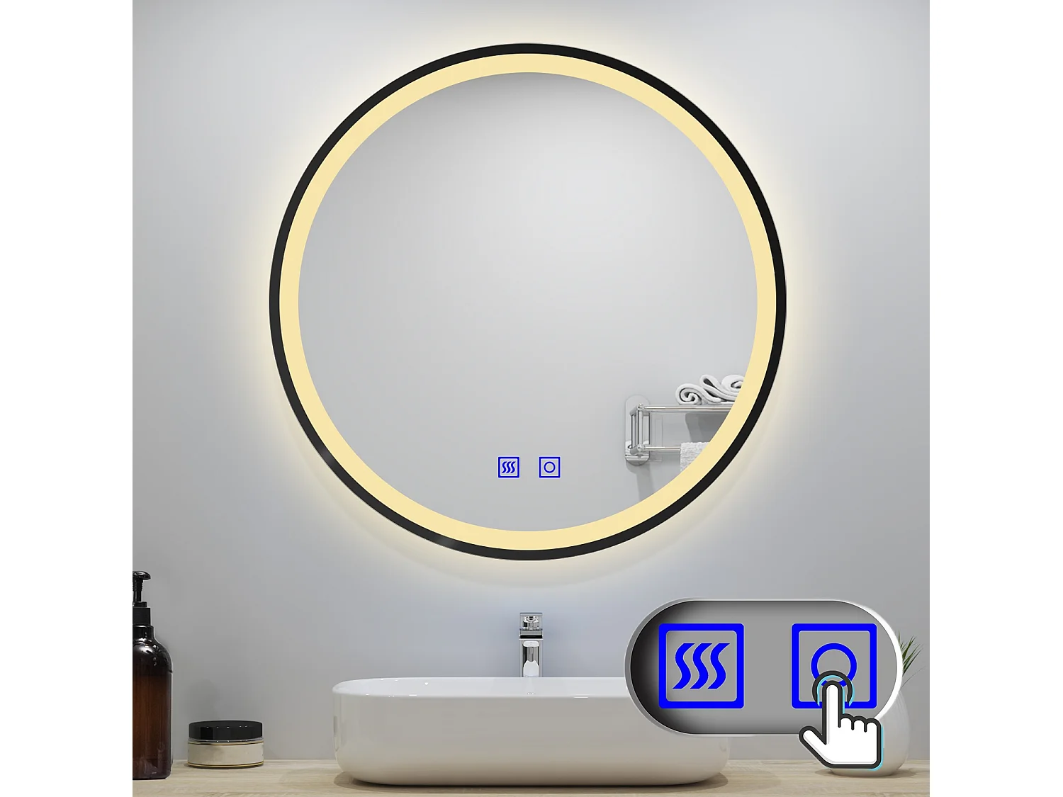 AICA Rund Badspiegel 50cm mit Schwarz Ledergürtel Touch/Wandschalter Beschlagfrei 3 Lichtfarbe+Dimmbar