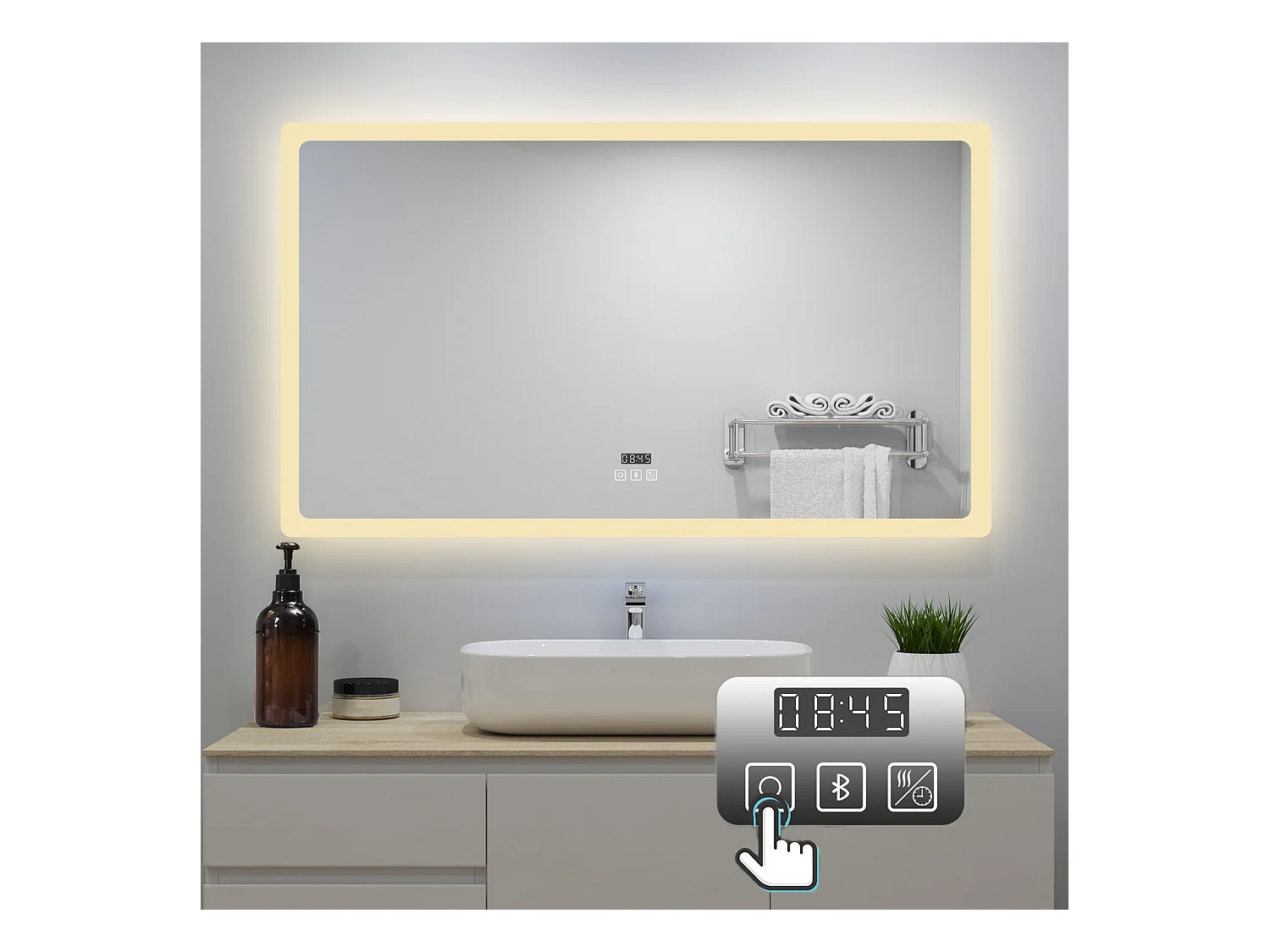 AICA Badspiegel mit LED-Beleuchtung 160x80cm Bluetooth Uhr Beschlagfrei 3 Lichtfarbe+Dimmbar Memory-Funktion