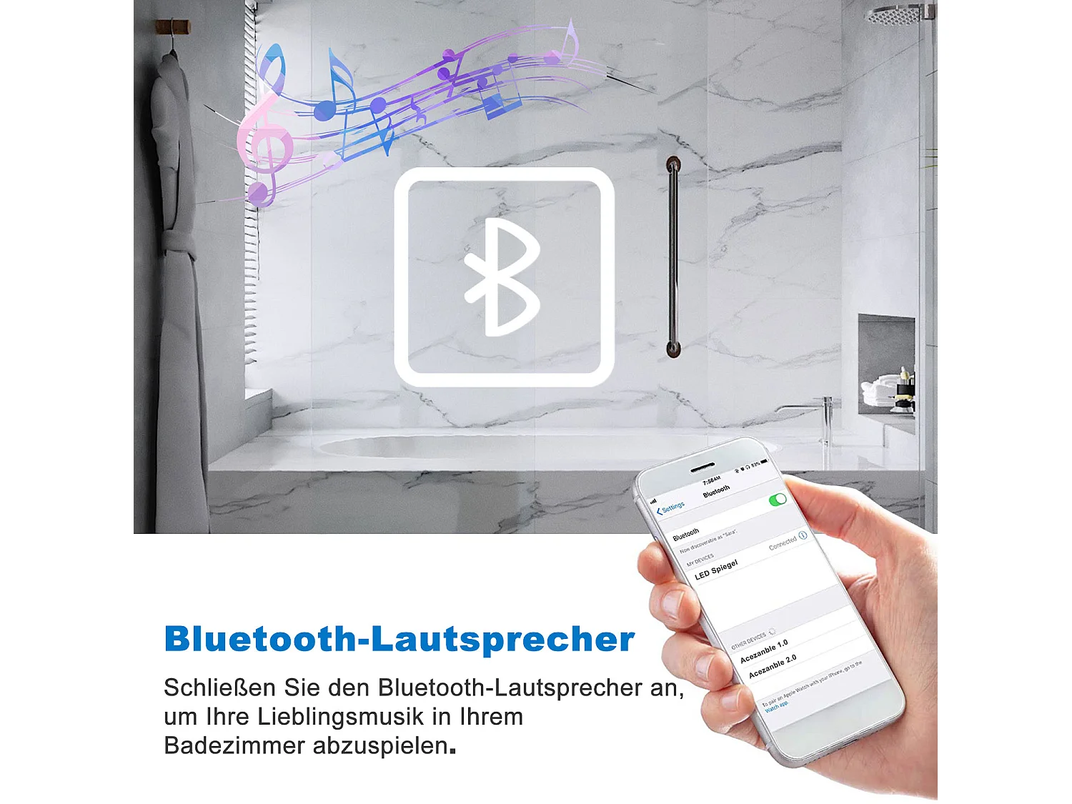 AICA Badspiegel mit LED-Beleuchtung 160x80cm Bluetooth Uhr Beschlagfrei 3 Lichtfarbe+Dimmbar Memory-Funktion