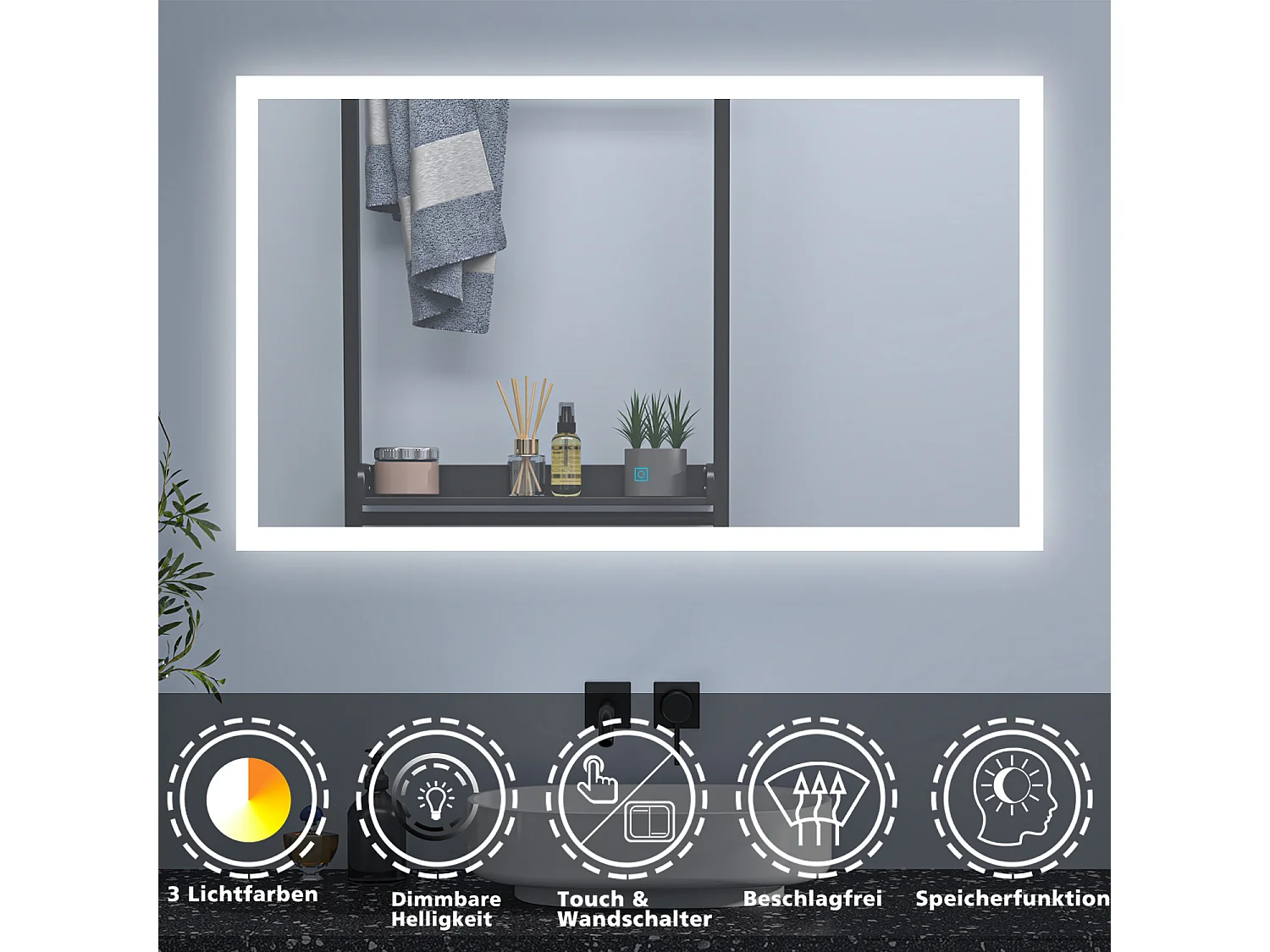 AICA Badspiegel mit LED-Beleuchtung 50x70cm Wand/Touchschalter Beschlagfrei 3 Lichtfarbe+Dimmbar Memory-Funktion - BELAIR