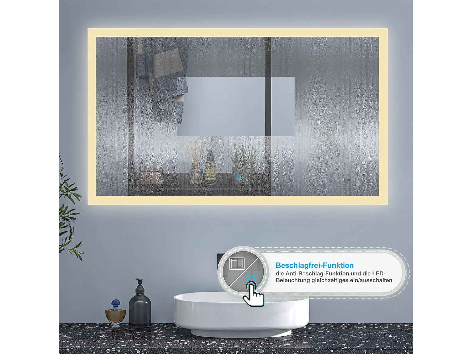 AICA Badspiegel mit LED-Beleuchtung 50x70cm Wand/Touchschalter Beschlagfrei 3 Lichtfarbe+Dimmbar Memory-Funktion - BELAIR