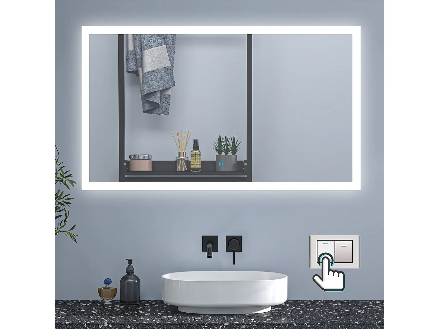 AICA Badspiegel mit LED-Beleuchtung 50x70cm Wand/Touchschalter Beschlagfrei 3 Lichtfarbe+Dimmbar Memory-Funktion - BELAIR