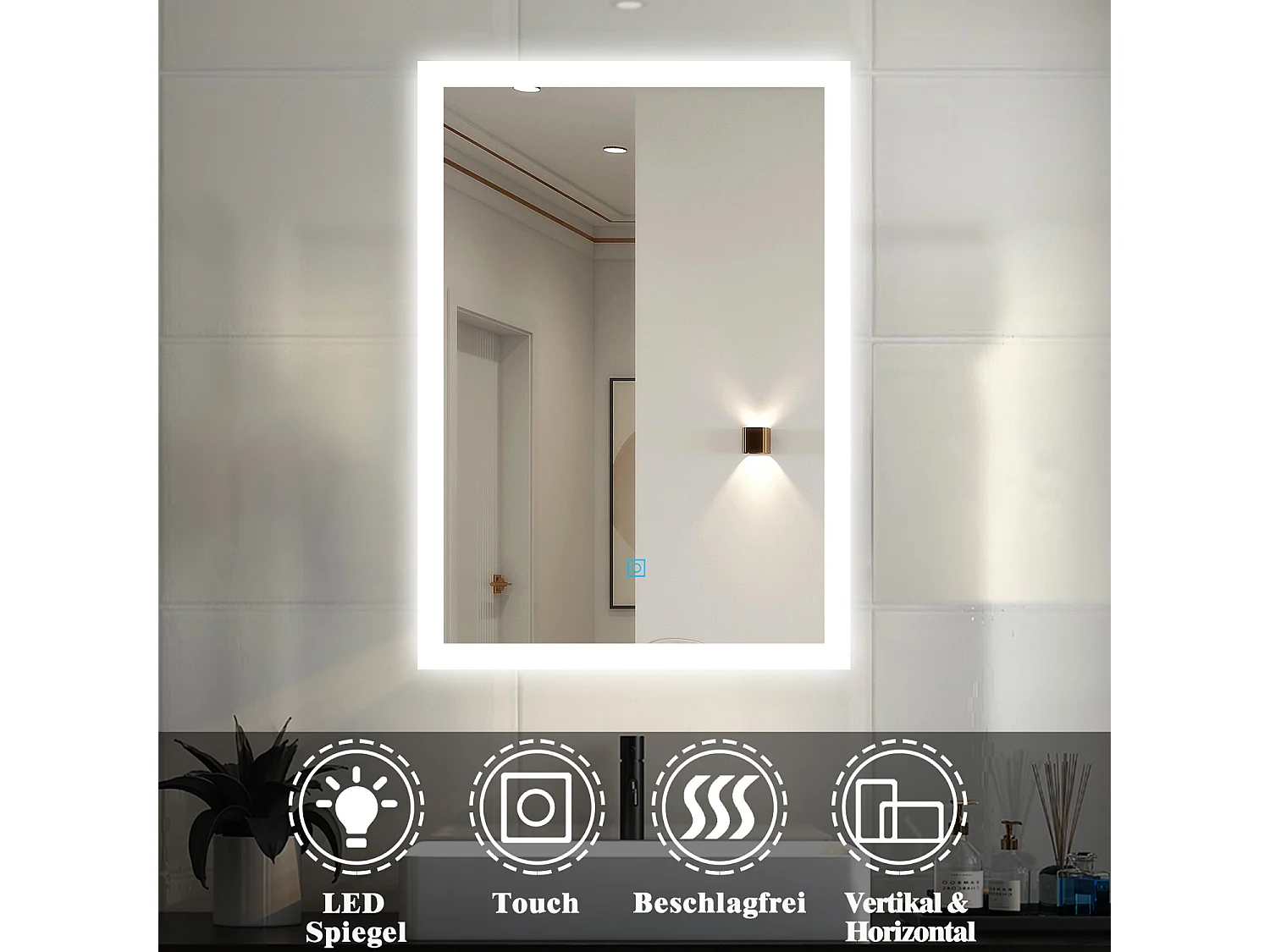 AICA LED Badspiegel 80x60cm Kaltweiß Touchschalter Beschlagfrei - BELAIR