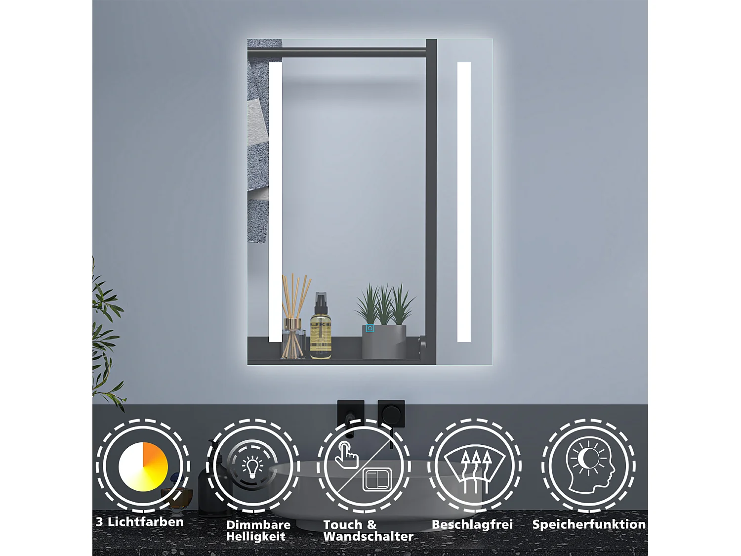 AICA Badspiegel mit Beleuchtung 60X80cm 3 Lichtfarbe+Dimmbar Touch/Wandschalter Beschlagfrei Auto-Abschaltung - PAVIE