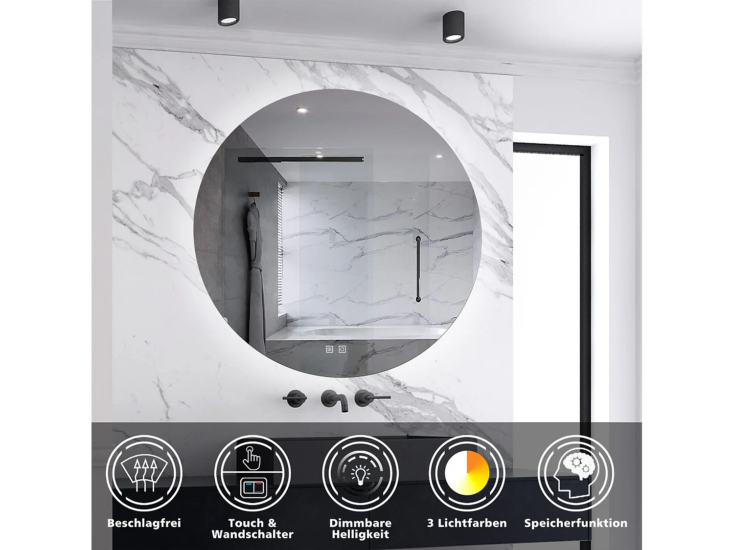 AICA Rund Badspiegel 90cm Beschlagfrei 3 Lichtfarbe+Dimmbar Memory-Funktion