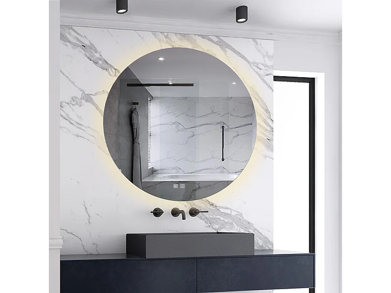 AICA Rund Badspiegel 90cm Beschlagfrei 3 Lichtfarbe+Dimmbar Memory-Funktion