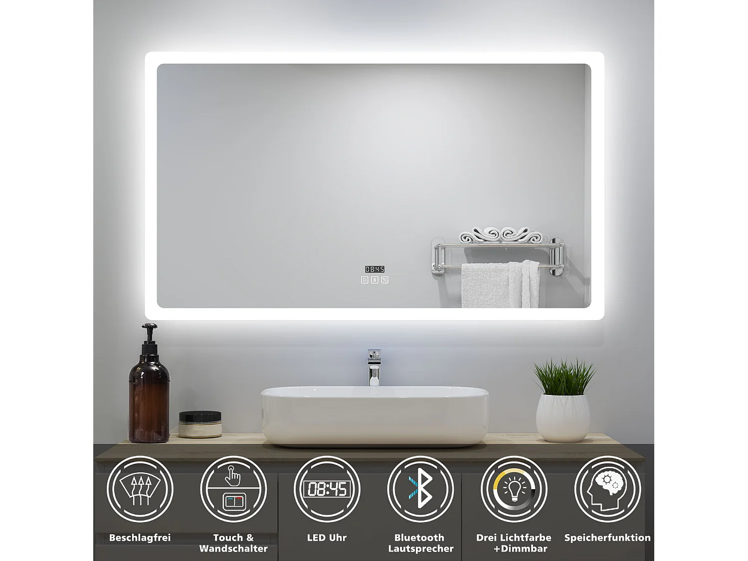 AICA Badspiegel mit LED-Beleuchtung 100x60cm Bluetooth Uhr Beschlagfrei 3 Lichtfarbe+Dimmbar Memory-Funktion