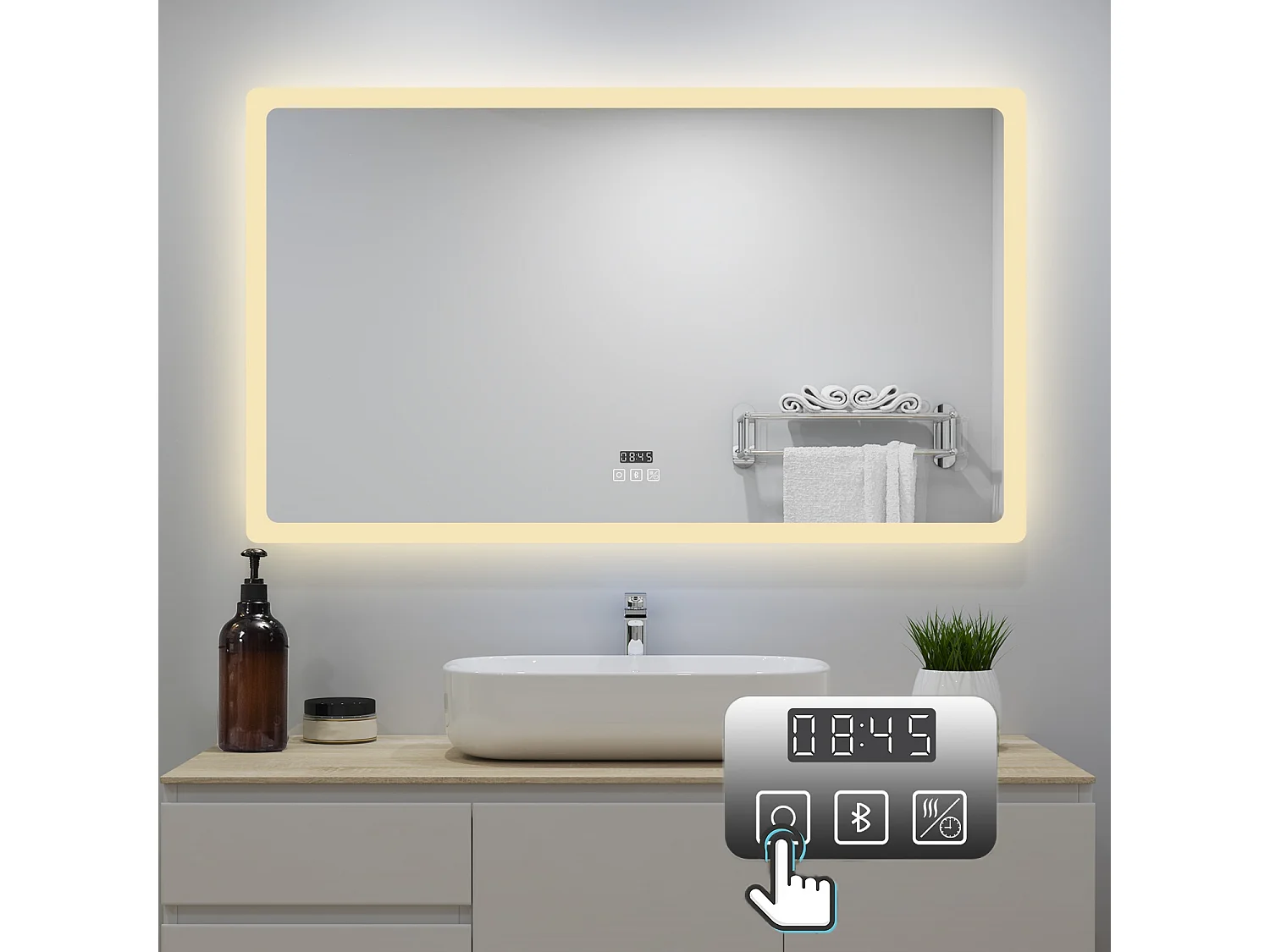 AICA Badspiegel mit LED-Beleuchtung 100x60cm Bluetooth Uhr Beschlagfrei 3 Lichtfarbe+Dimmbar Memory-Funktion