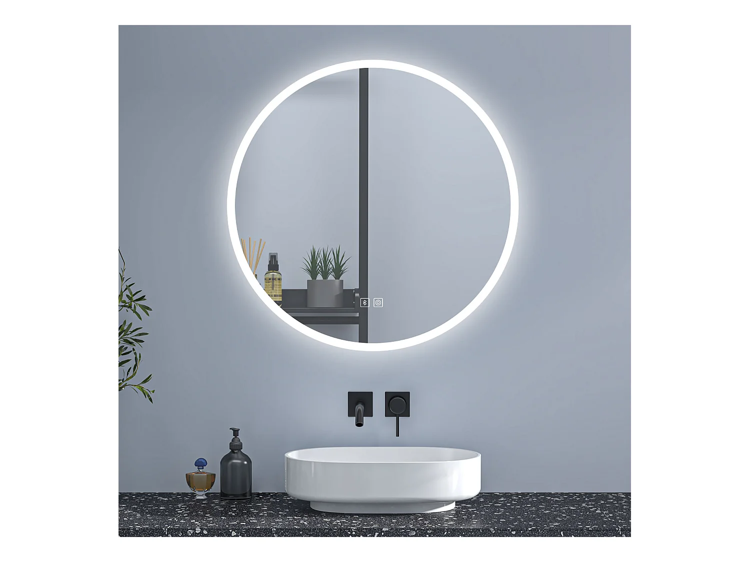 AICA Rund LED Badspiegel ø60cm Bluetooth 3 Lichtfarbe+Dimmbar Beschlagfrei Memory-Funktion Wand/Touchschalter