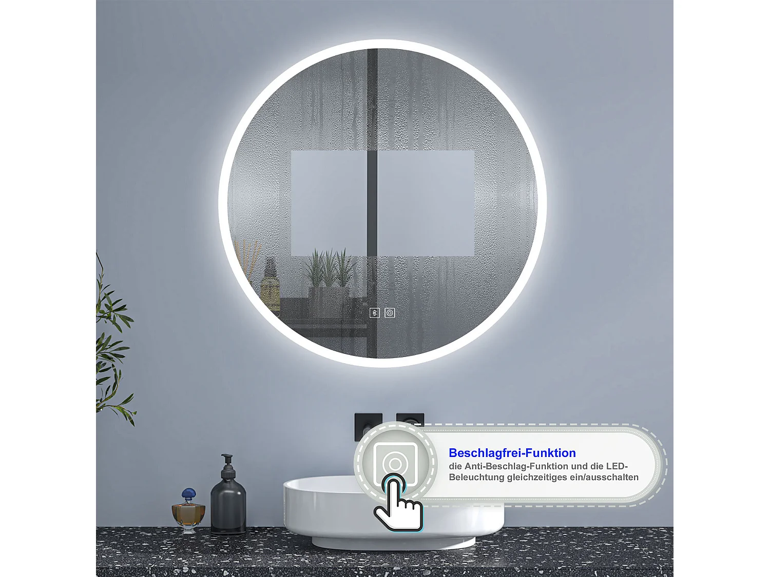 AICA Rund LED Badspiegel ø60cm Bluetooth 3 Lichtfarbe+Dimmbar Beschlagfrei Memory-Funktion Wand/Touchschalter