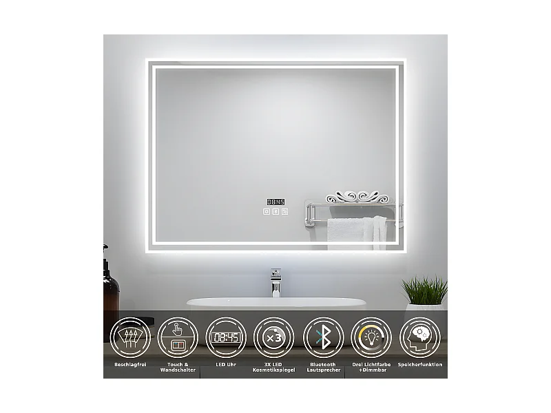 AICA Badezimmerspiegel mit LED-Beleuchtung 80x60cm Bluetooth Uhr 3 Lichtfarbe+Dimmbar Beschlagfrei Memory-Funktion