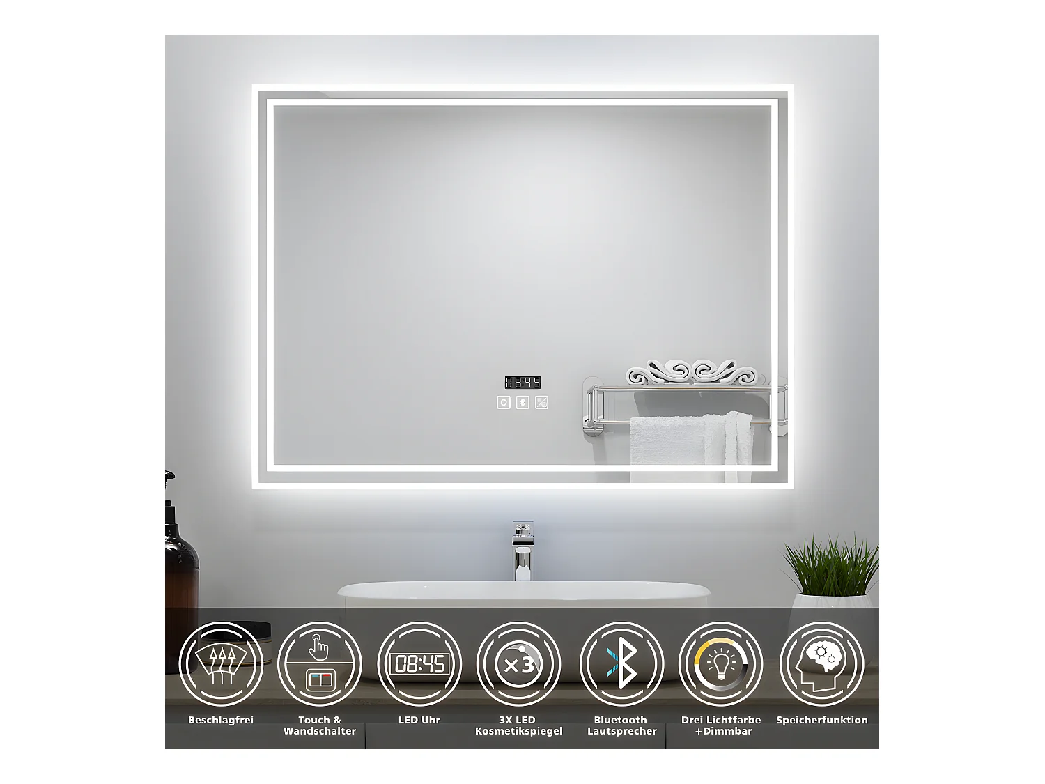 AICA Badezimmerspiegel mit LED-Beleuchtung 80x60cm Bluetooth Uhr 3 Lichtfarbe+Dimmbar Beschlagfrei Memory-Funktion