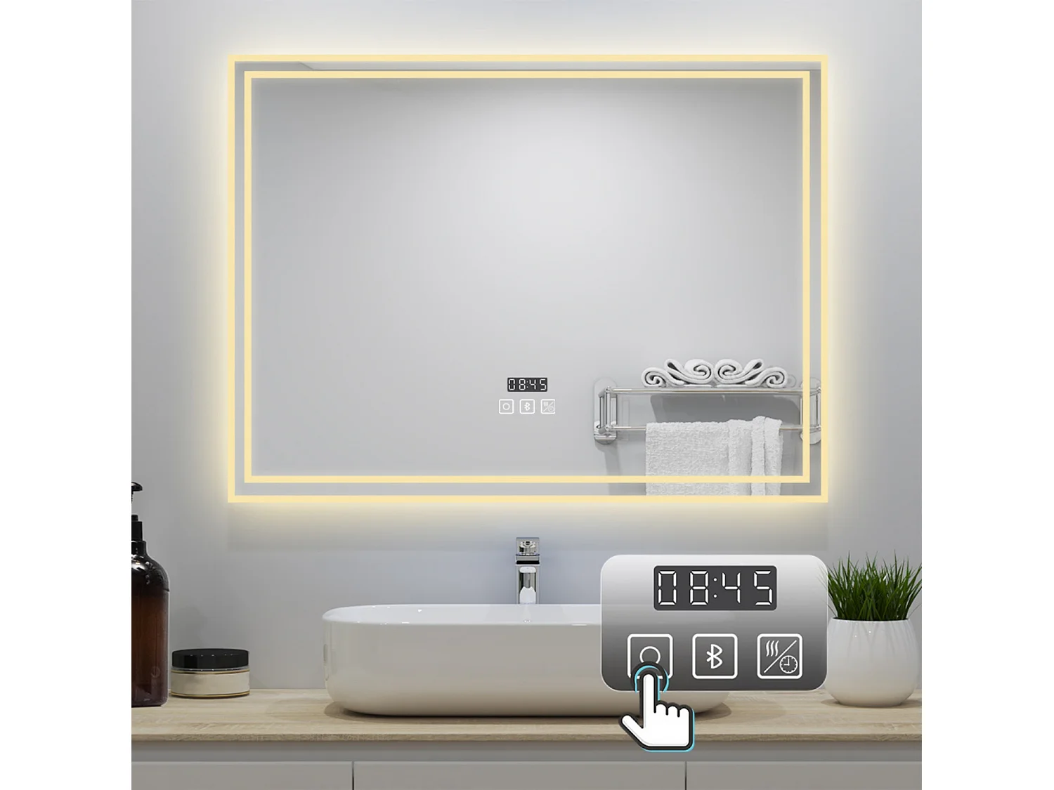AICA Badezimmerspiegel mit LED-Beleuchtung 80x60cm Bluetooth Uhr 3 Lichtfarbe+Dimmbar Beschlagfrei Memory-Funktion