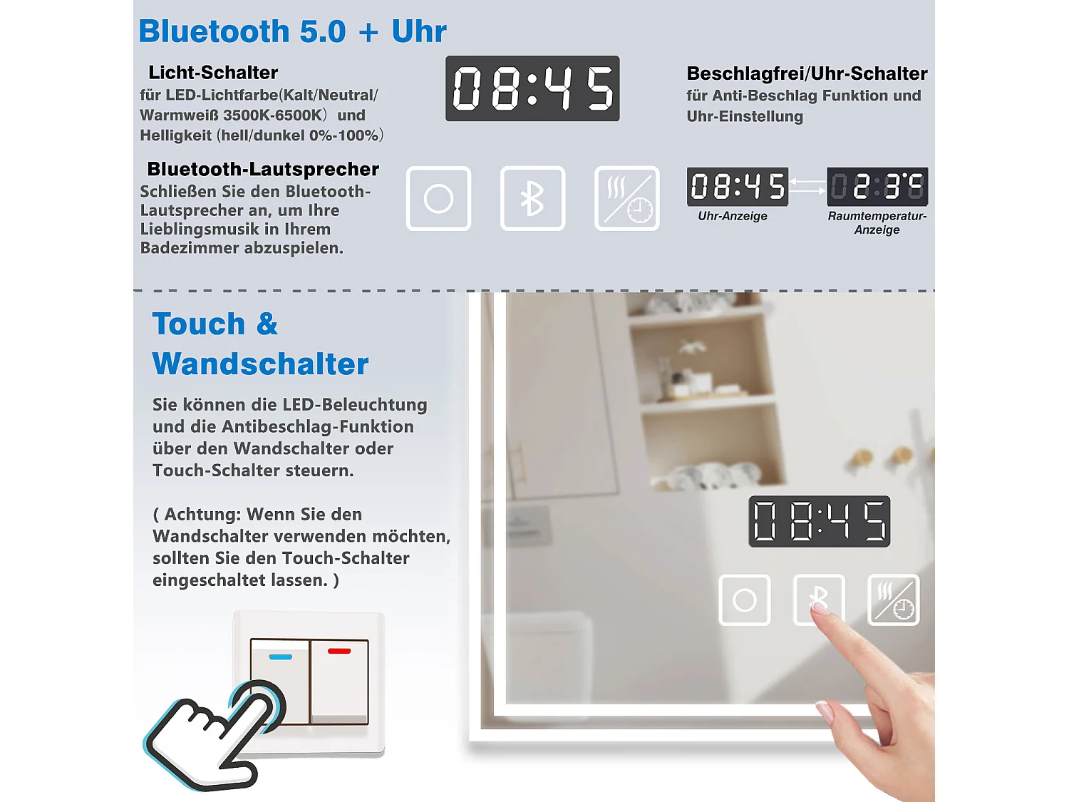 AICA Badezimmerspiegel mit LED-Beleuchtung 80x60cm Bluetooth Uhr 3 Lichtfarbe+Dimmbar Beschlagfrei Memory-Funktion