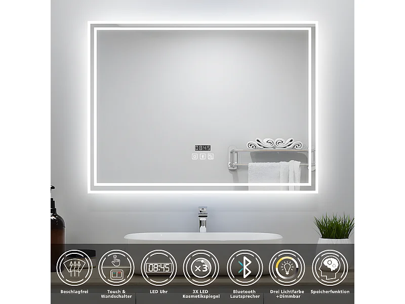 AICA Badezimmerspiegel mit LED-Beleuchtung 80x60cm Bluetooth Uhr 3 Lichtfarbe+Dimmbar Beschlagfrei Memory-Funktion