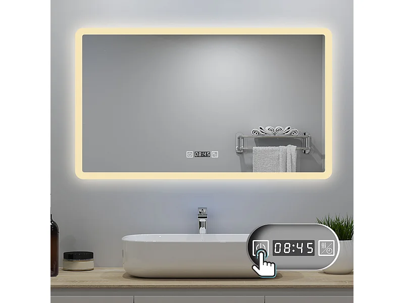 AICA LED Badspiegel 120x70cm Wand/Touchschalter - Uhr - Beschlagfrei - 3 Lichtfarbe - Dimmbar - Memory-Funktion