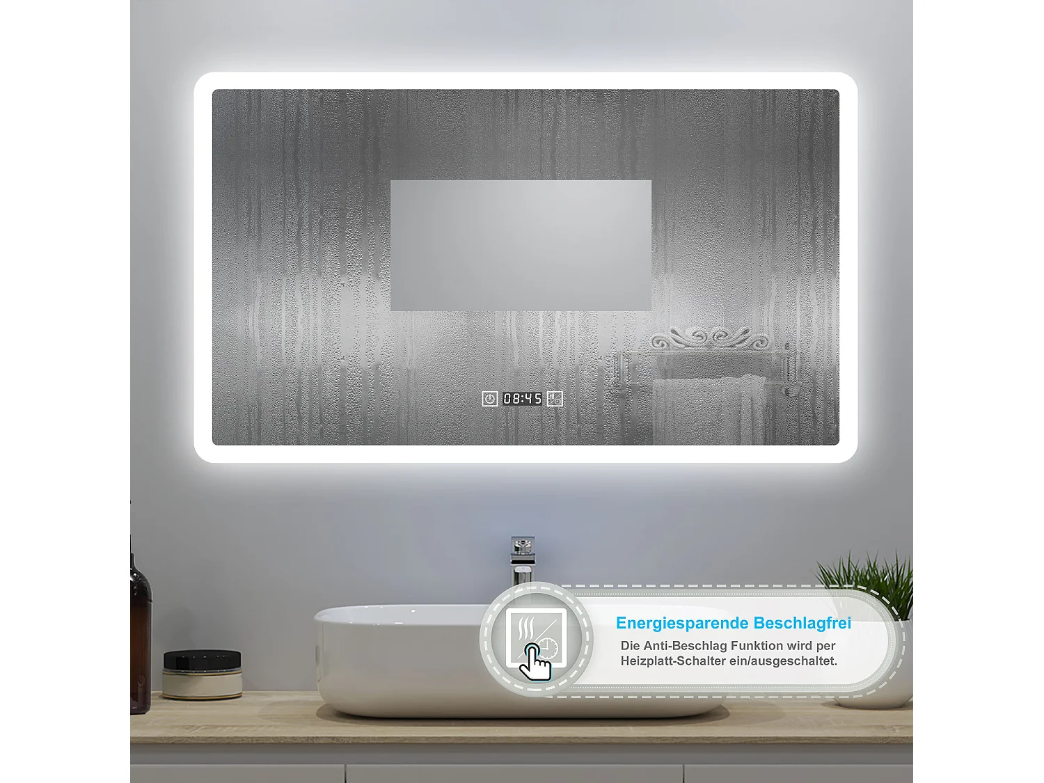 AICA LED Badspiegel 120x70cm Wand/Touchschalter - Uhr - Beschlagfrei - 3 Lichtfarbe - Dimmbar - Memory-Funktion