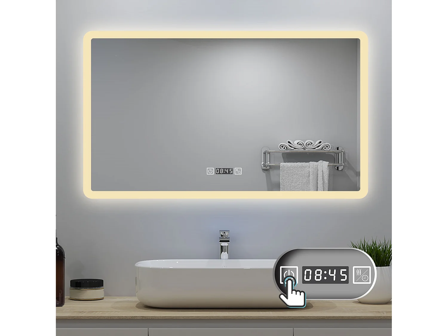 AICA LED Badspiegel 120x70cm Wand/Touchschalter - Uhr - Beschlagfrei - 3 Lichtfarbe - Dimmbar - Memory-Funktion