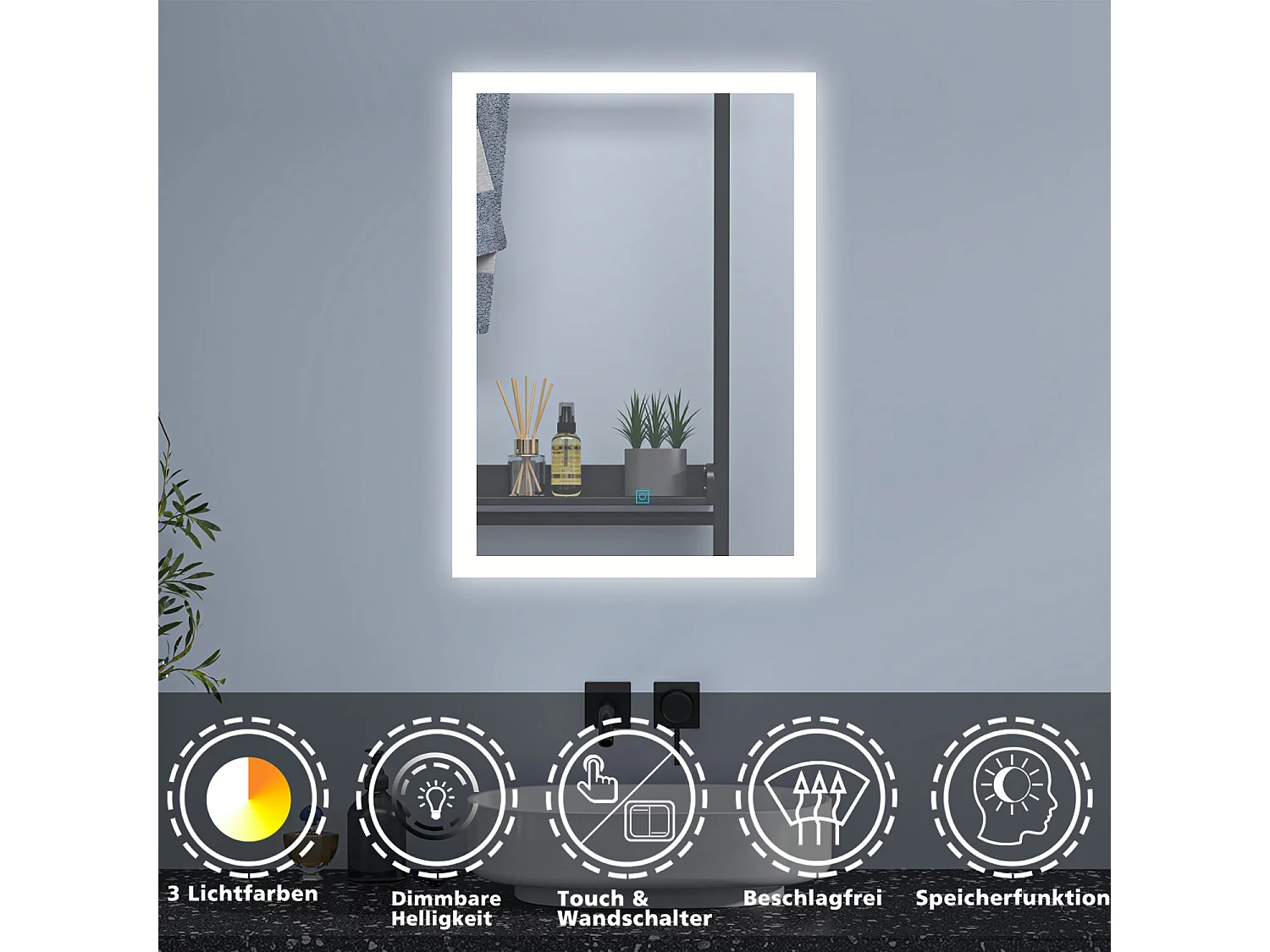 AICA Badspiegel mit LED-Beleuchtung 60x50cm Wand/Touchschalter Beschlagfrei 3 Lichtfarbe+Dimmbar Memory-Funktion - BELAIR