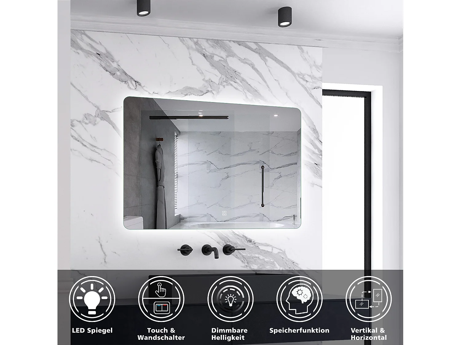 AICA Badspiegel mit LED-Beleuchtung 60x40cm Kaltweiß Dimmbar Memory-Funktion