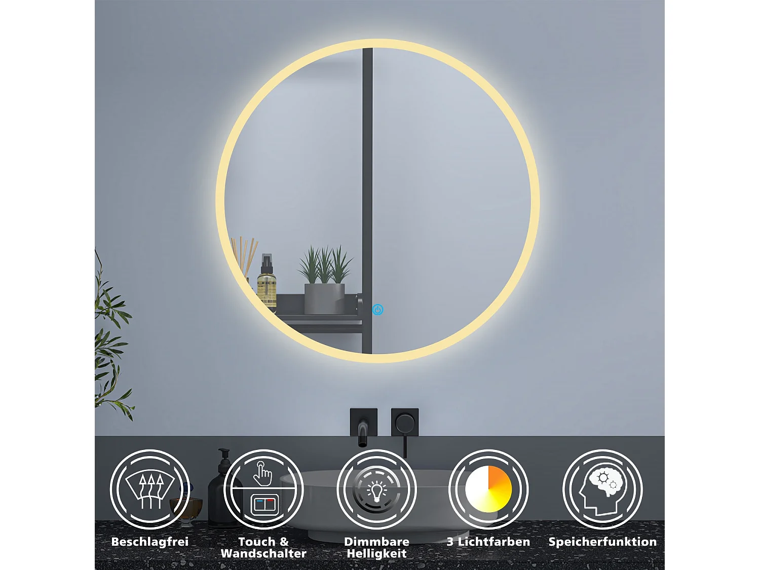 AICA Rund Badspiegel mit LED-Beleuchtung ø60cm 3 Lichtfarbe+Dimmbar Beschlagfrei Memory-Funktion Wand/Touchschalter