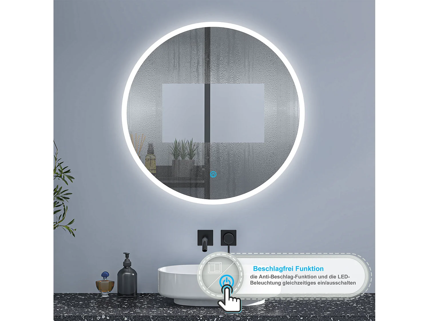 AICA Rund Badspiegel mit LED-Beleuchtung ø60cm 3 Lichtfarbe+Dimmbar Beschlagfrei Memory-Funktion Wand/Touchschalter