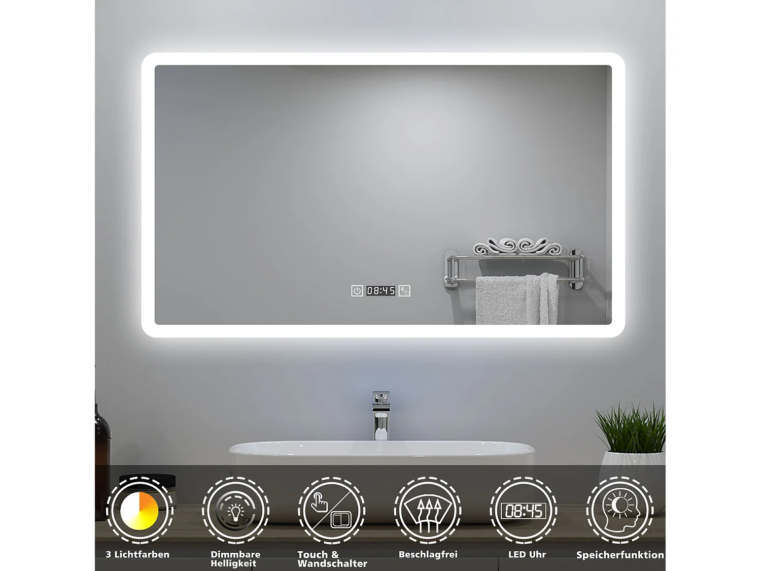 AICA LED Badspiegel 100x60cm Wand/Touchschalter - Uhr - Beschlagfrei - 3 Lichtfarbe - Dimmbar - Memory-Funktion