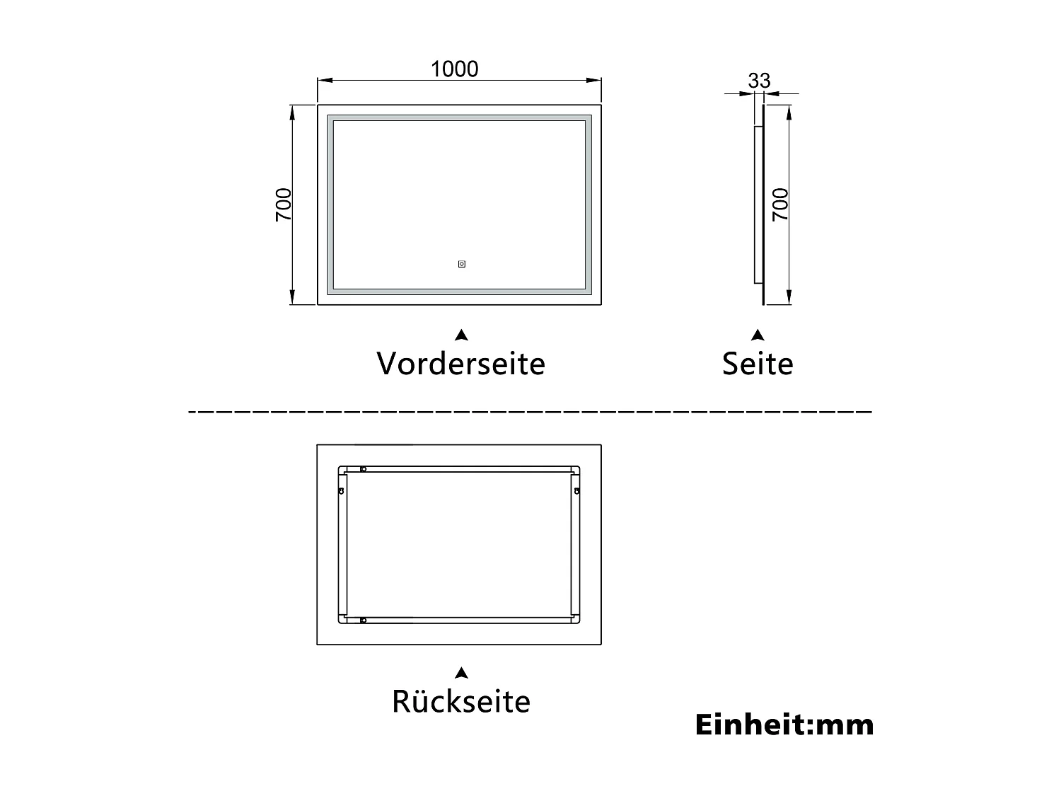 AICA Badspiegel mit LED-Beleuchtung 100x70cm Wand/Touchschalter Beschlagfrei 3 Lichtfarbe+Dimmbar Memory-Funktion - PALMAR