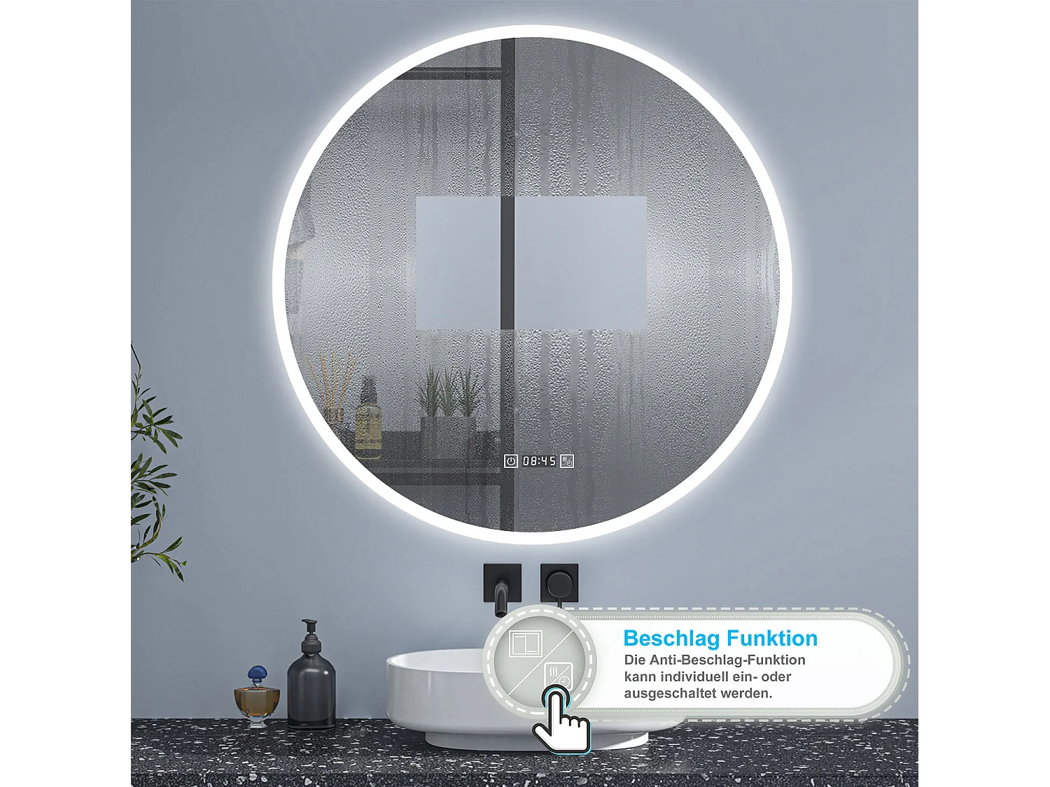 AICA Rund LED Badspiegel ø70cm Uhr 3 Lichtfarbe+Dimmbar Beschlagfrei Memory-Funktion Wand/Touchschalter