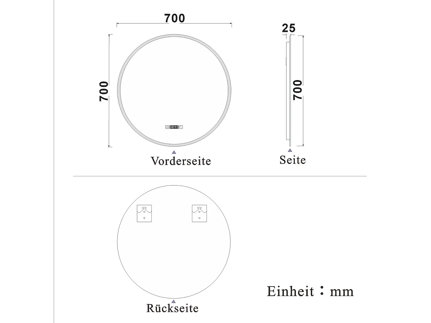 AICA Rund LED Badspiegel ø70cm Uhr 3 Lichtfarbe+Dimmbar Beschlagfrei Memory-Funktion Wand/Touchschalter