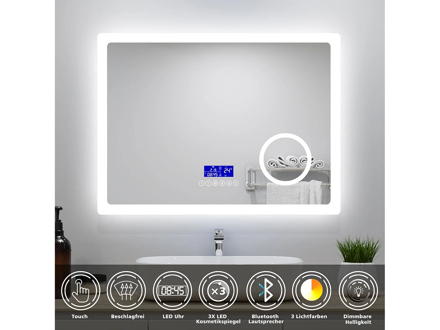 AICA Badspiegel mit LED-Beleuchtung 100x60cm Bluetooth Uhr Kosmetikspiegel Beschlagfrei 3 Lichtfarbe+Dimmbar Memory-Funktion