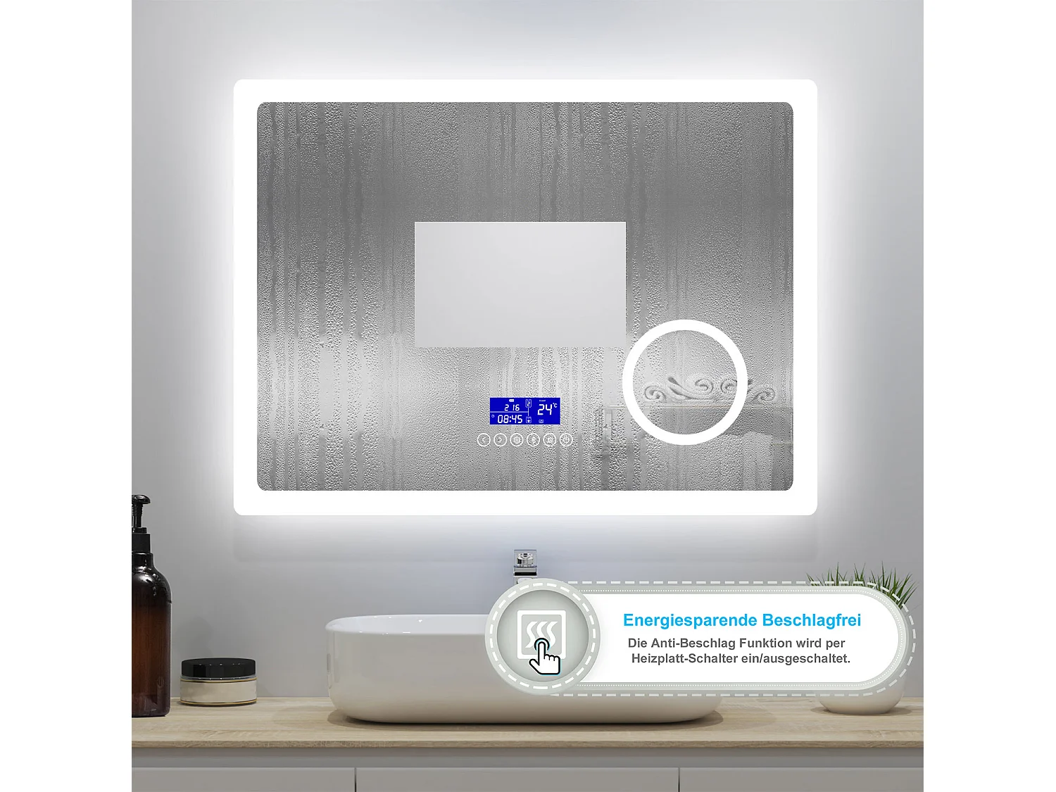 AICA Badspiegel mit LED-Beleuchtung 100x60cm Bluetooth Uhr Kosmetikspiegel Beschlagfrei 3 Lichtfarbe+Dimmbar Memory-Funktion
