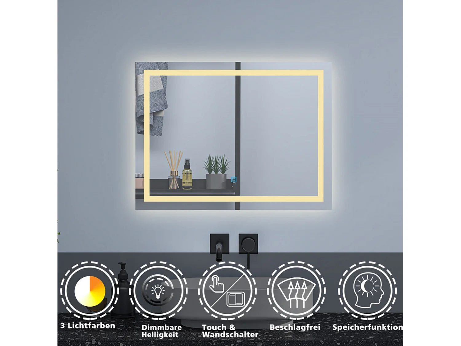 AICA Badspiegel mit LED-Beleuchtung 80x60cm Wand/Touchschalter Beschlagfrei 3 Lichtfarbe+Dimmbar Memory-Funktion - PALMAR