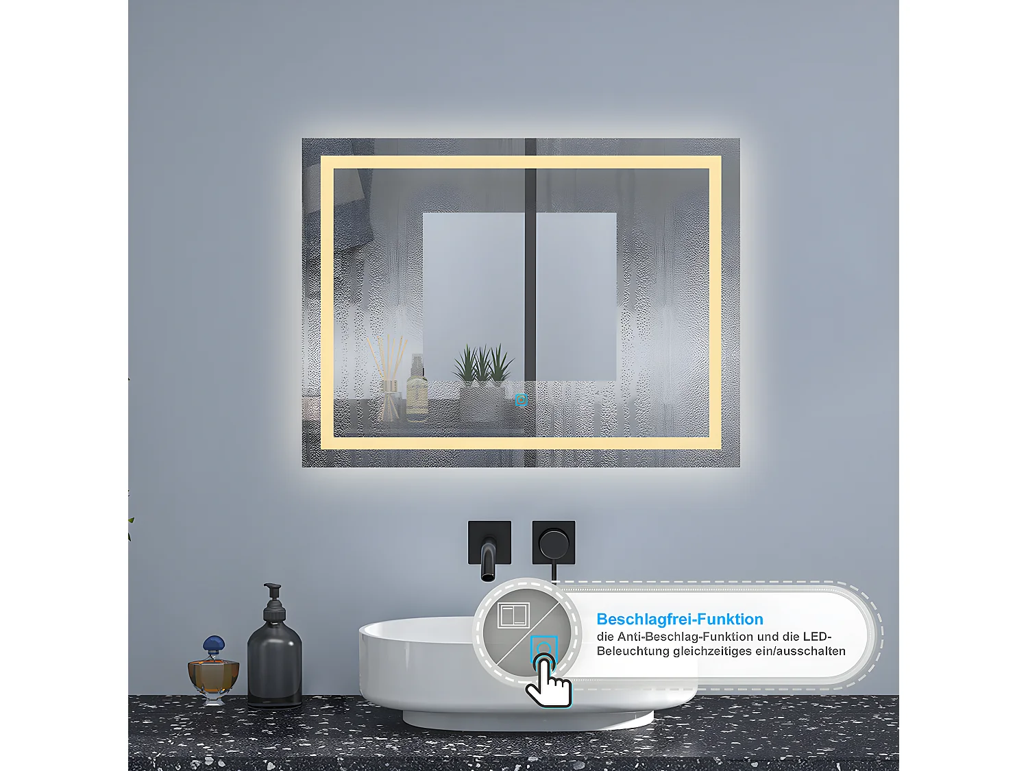 AICA Badspiegel mit LED-Beleuchtung 80x60cm Wand/Touchschalter Beschlagfrei 3 Lichtfarbe+Dimmbar Memory-Funktion - PALMAR