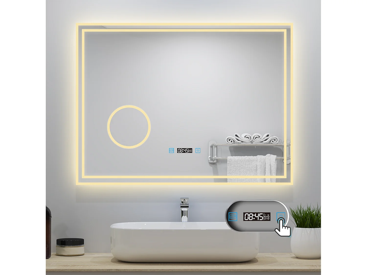AICA Badezimmerspiegel mit LED-Beleuchtung 80x60cm Uhr Kosmetikspiegel 3 Lichtfarbe+Dimmbar Beschlagfrei Memory-Funktion