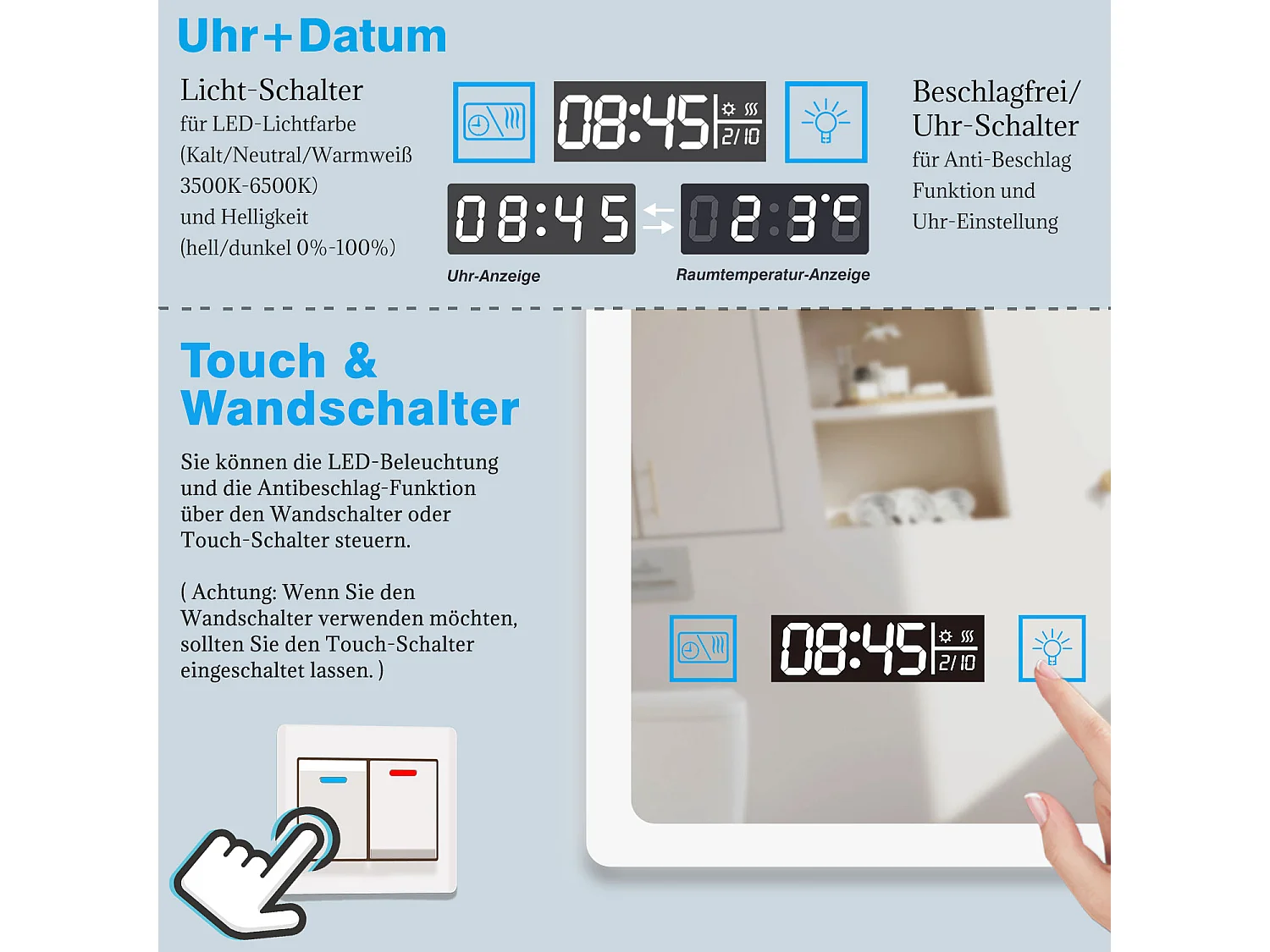 AICA Badezimmerspiegel mit LED-Beleuchtung 80x60cm Uhr Kosmetikspiegel 3 Lichtfarbe+Dimmbar Beschlagfrei Memory-Funktion