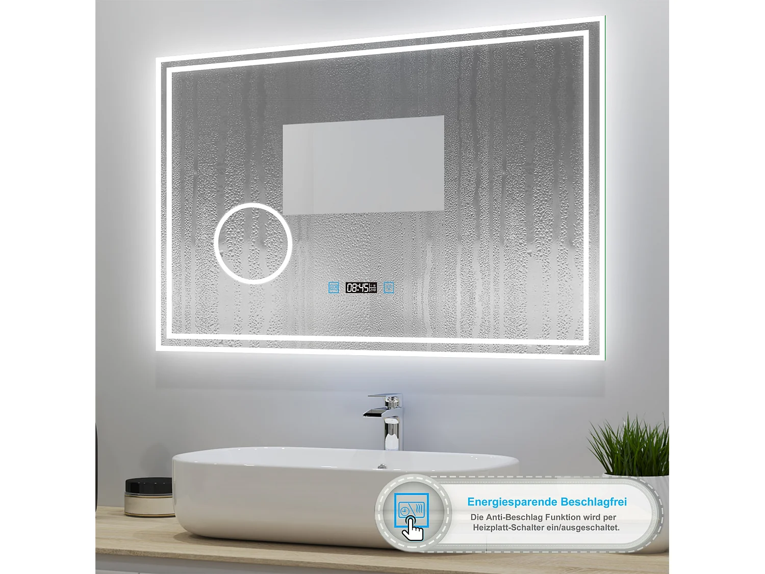 AICA Badezimmerspiegel mit LED-Beleuchtung 80x60cm Uhr Kosmetikspiegel 3 Lichtfarbe+Dimmbar Beschlagfrei Memory-Funktion