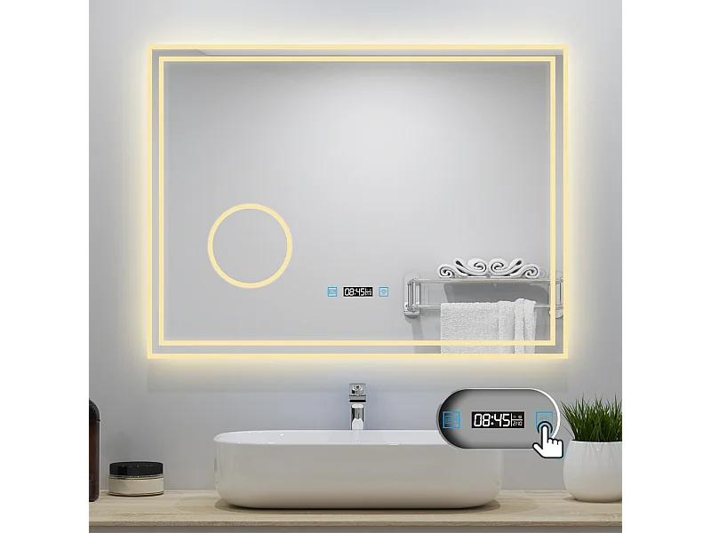 AICA Badezimmerspiegel mit LED-Beleuchtung 80x60cm Uhr Kosmetikspiegel 3 Lichtfarbe+Dimmbar Beschlagfrei Memory-Funktion