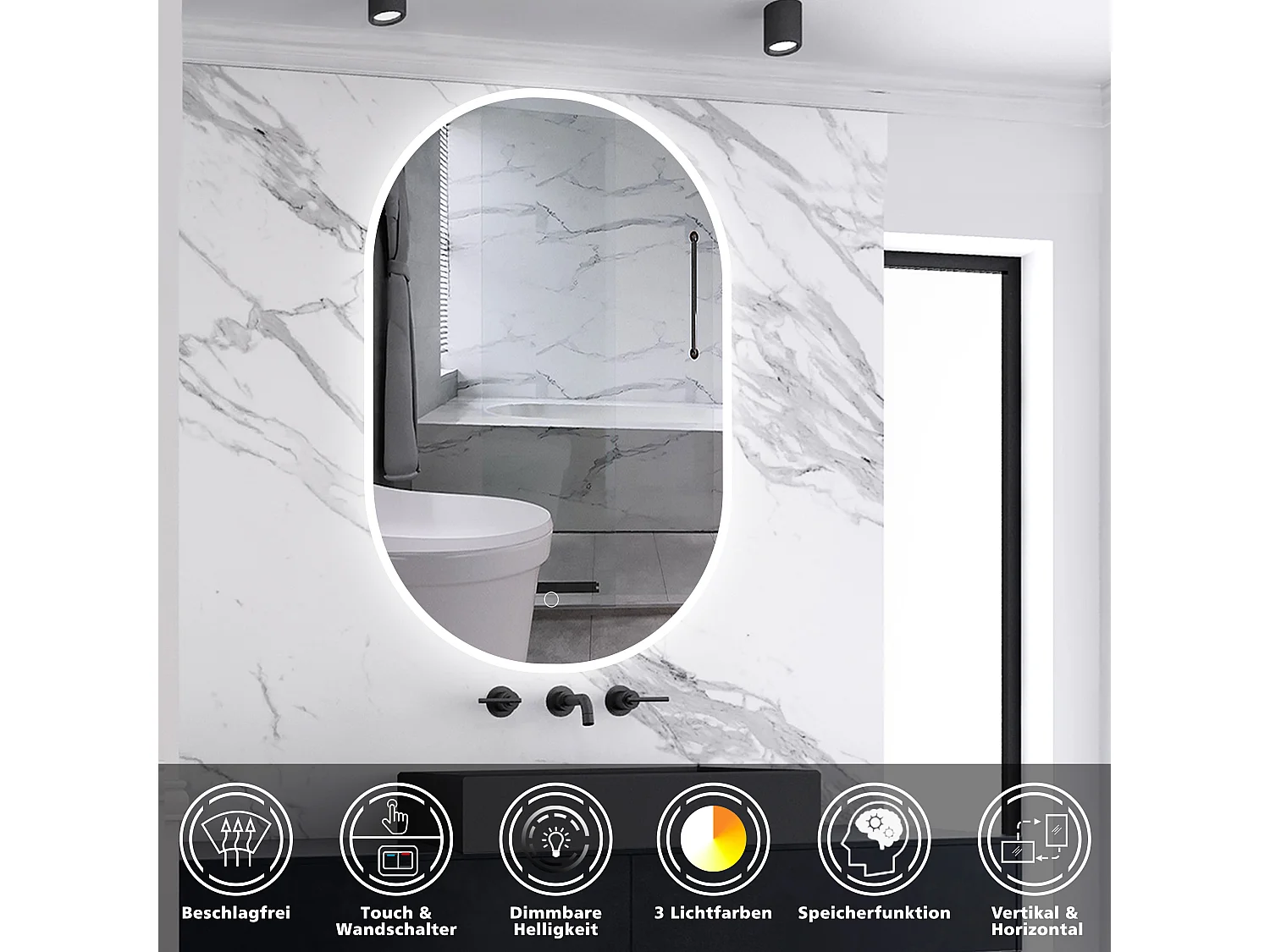 AICA LED Badspiegel 60x100cm Oval Anti-Beschlag 3 Lichfarbe Dimmbar Memory-Funktion Wand/Touchschalter