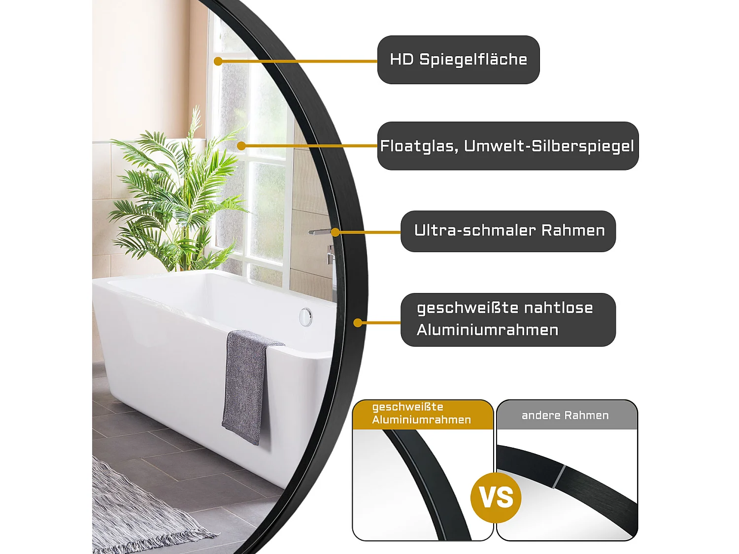 AICA Rund Spiegel 70cm Schwarz Rahmen Wandspiegel für Badezimmer - D3 Serie