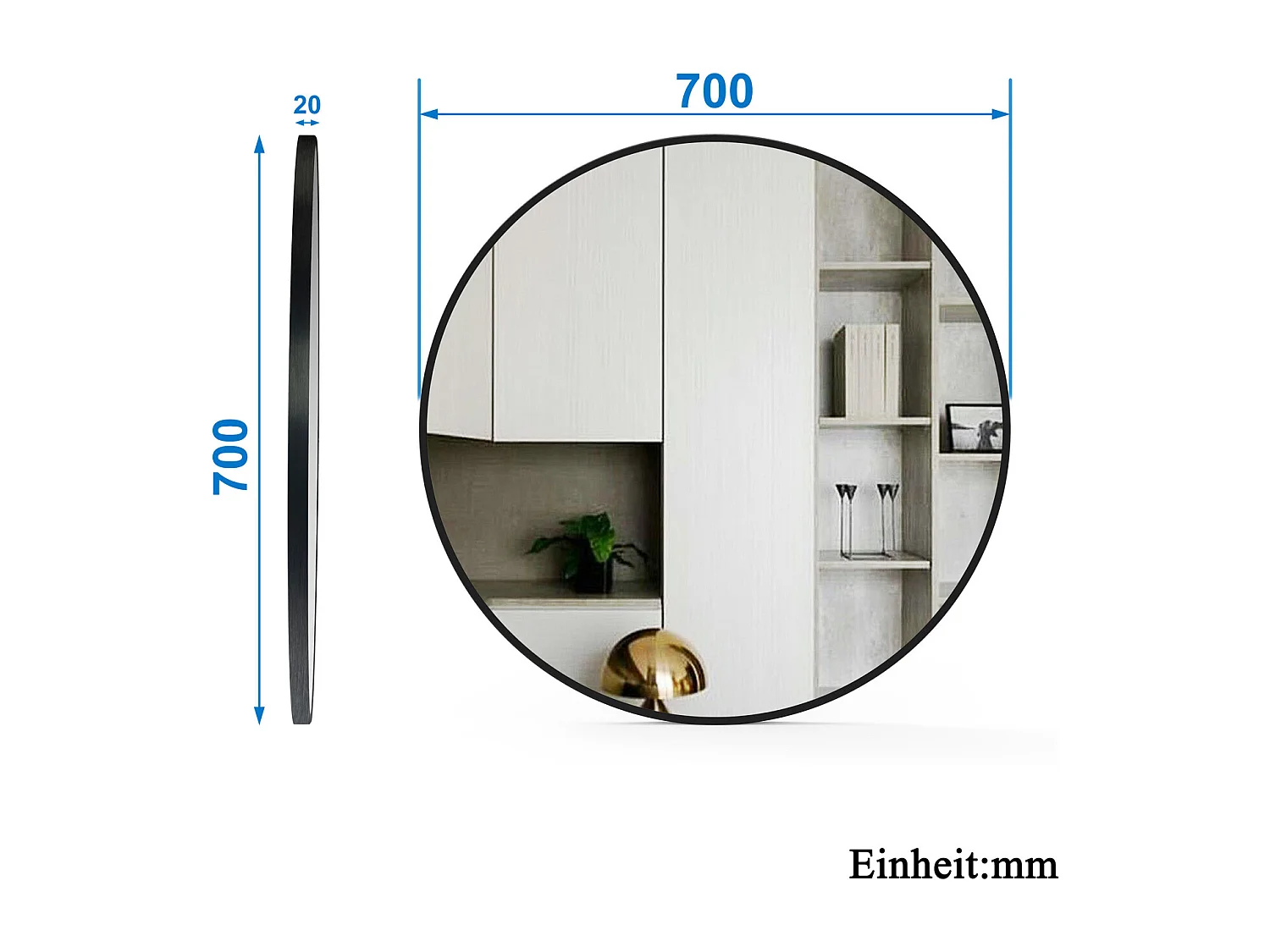 AICA Rund Spiegel 70cm Schwarz Rahmen Wandspiegel für Badezimmer - D3 Serie