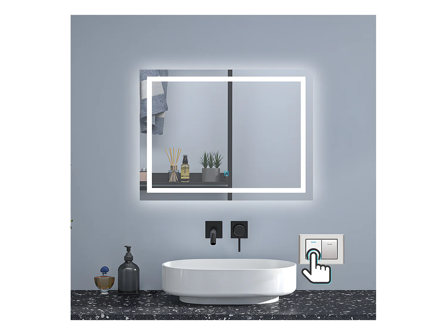 AICA Badspiegel mit LED-Beleuchtung 110x70cm Wand/Touchschalter Beschlagfrei 3 Lichtfarbe+Dimmbar Memory-Funktion - PALMAR