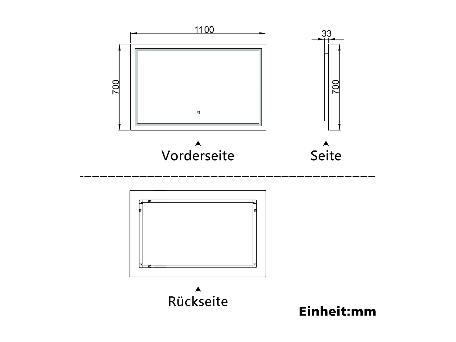 AICA Badspiegel mit LED-Beleuchtung 110x70cm Wand/Touchschalter Beschlagfrei 3 Lichtfarbe+Dimmbar Memory-Funktion - PALMAR