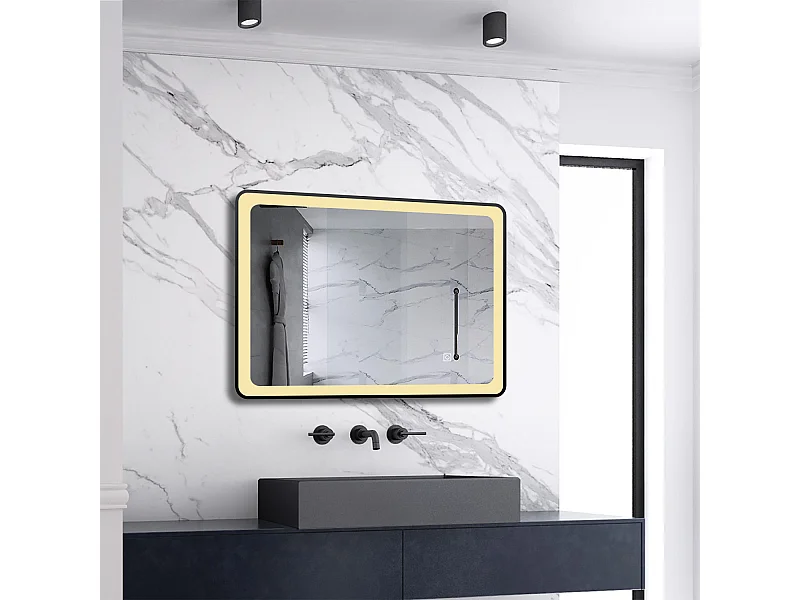 AICA Badspiegel mit LED-Beleuchtung 70x50cm Beschlagfrei 3 Lichtfarbe 3000K-6000K+Dimmbar Schwarz Rahmen