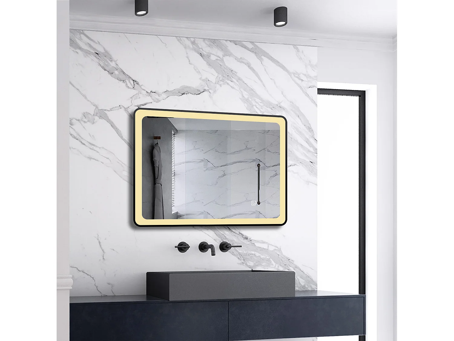 AICA Badspiegel mit LED-Beleuchtung 70x50cm Beschlagfrei 3 Lichtfarbe 3000K-6000K+Dimmbar Schwarz Rahmen