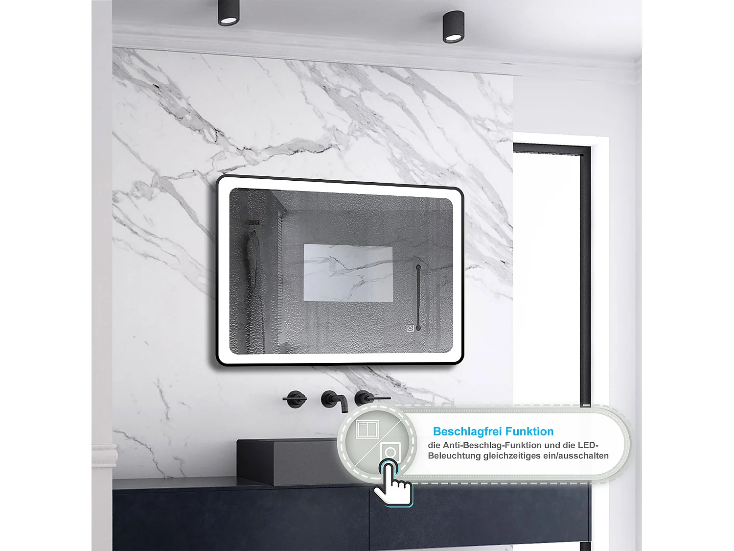 AICA Badspiegel mit LED-Beleuchtung 70x50cm Beschlagfrei 3 Lichtfarbe 3000K-6000K+Dimmbar Schwarz Rahmen