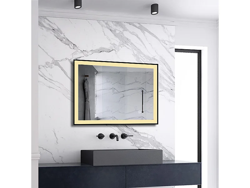 AICA LED Wandspiegel 70x50cm Beschlagfrei 3 Lichtfarbe+Dimmbar Schwarz Rahmen Memory-Funktion