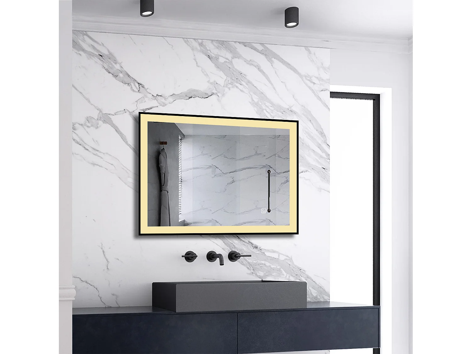 AICA LED Wandspiegel 70x50cm Beschlagfrei 3 Lichtfarbe+Dimmbar Schwarz Rahmen Memory-Funktion